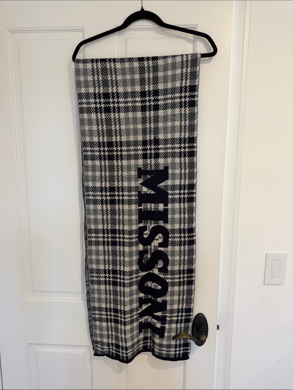 Missoni Navy, Gray and White Wool Blend Knit Scarf. Unisex